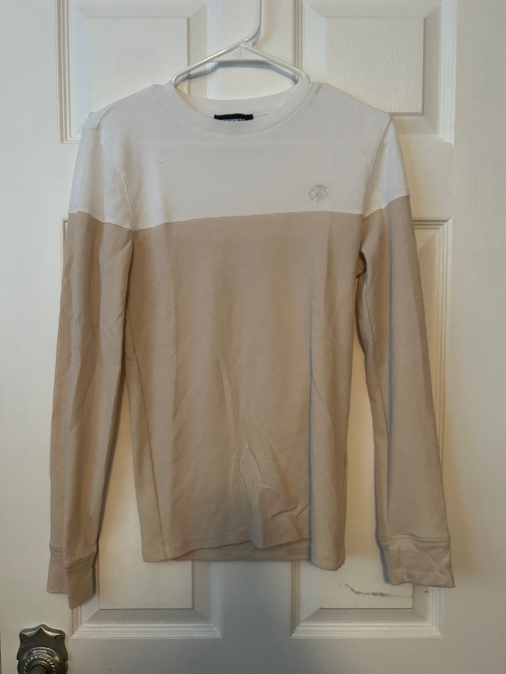 Express Long Sleeve Colorblock Tee in White and Beige